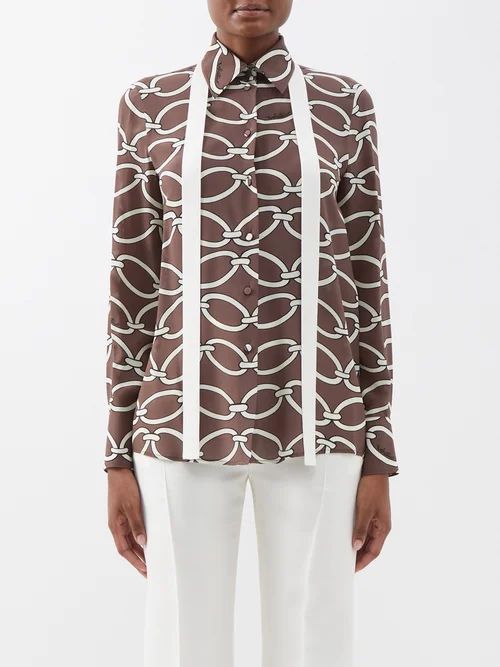 Chain-print Silk Crepe De Chine Shirt - Womens - Brown Multi