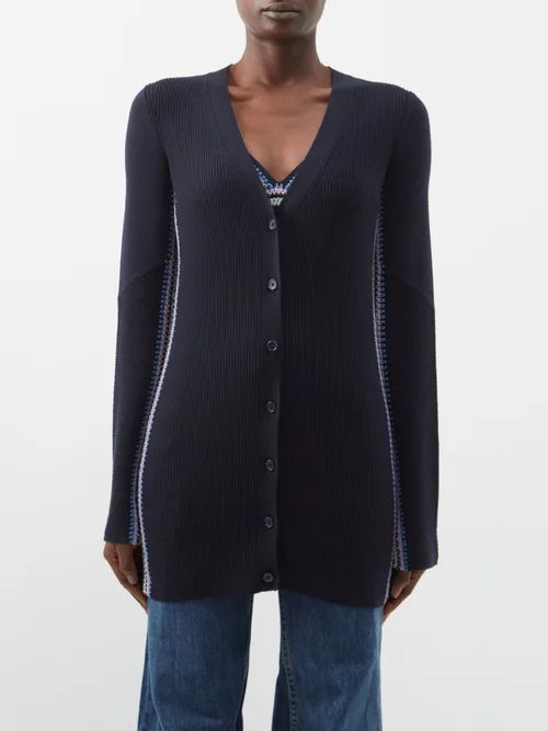 Embroidered Ribbed Wool Cardigan - Womens - Navy