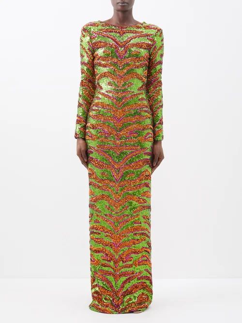 Tiger-print Backless Sequinned Gown - Womens - Orange Green