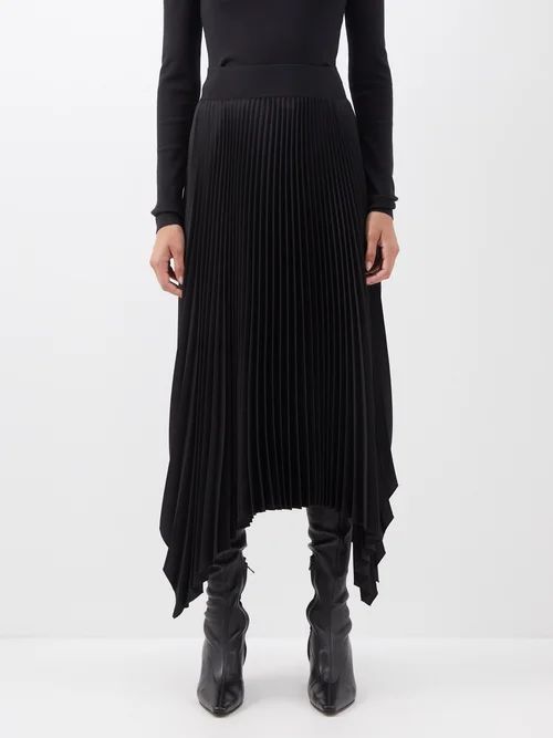 Asymmetric Plissé Crepe Midi Skirt - Womens - Black