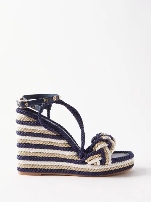 Rockstud Torchon Leather Wedge Sandals - Womens - Blue Multi
