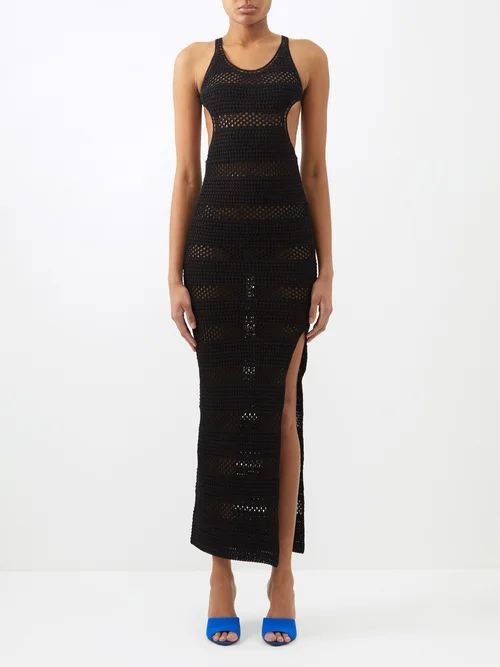 Sheer-stripe Cutout Cotton-crochet Dress - Womens - Black