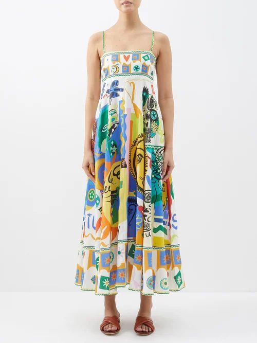 Soleil Folk-print Linen Dress - Womens - Ivory Multi