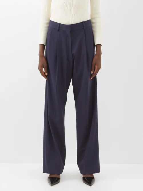 High-waist Pleated Twill Trousers - Womens - Navy