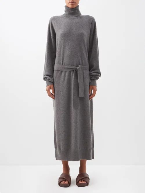 Responsible Cashmere-blend Belted Roll-neck Dress - Womens - Dark Grey
