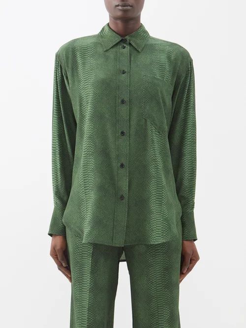 Snakeskin-print Silk Shirt - Womens - Green