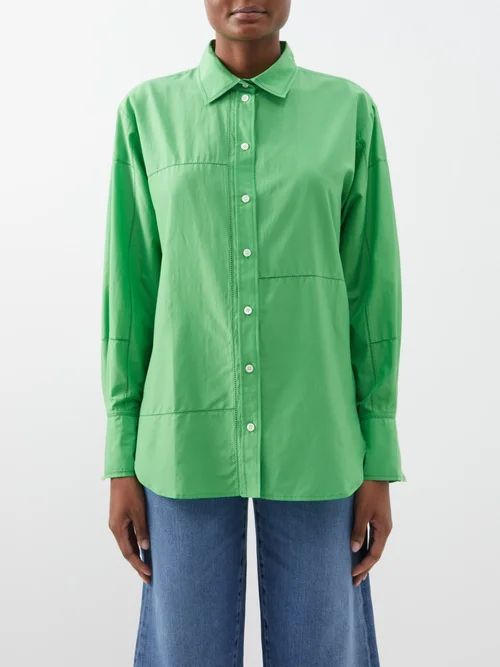 Oversized Lace-trim Cotton-blend Shirt - Womens - Green