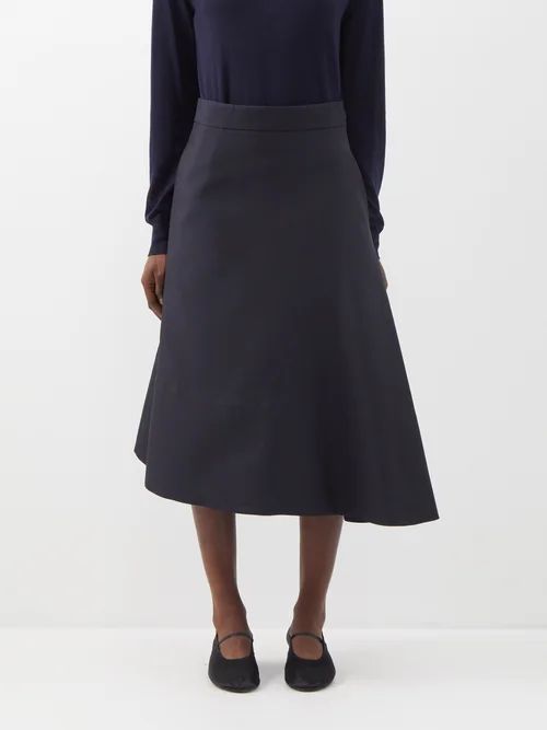 Asymmetric Flared Gabardine Midi Skirt - Womens - Navy