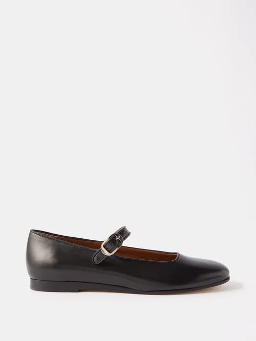 Round-toe Leather Mary Jane Flats - Womens - Black