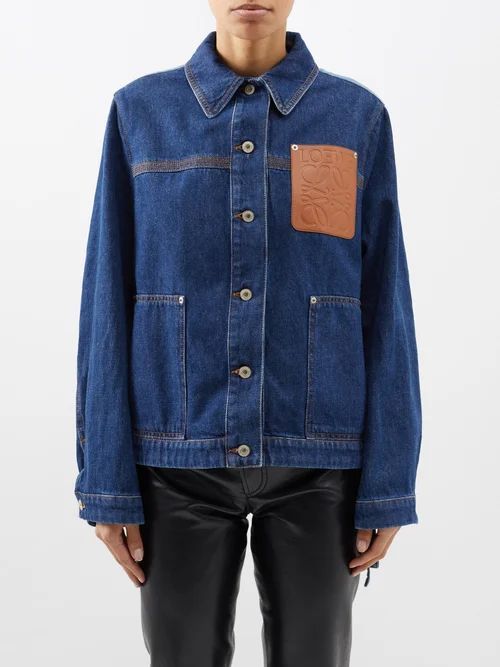 Anagram-patch Leather And Denim Jacket - Womens - Indigo
