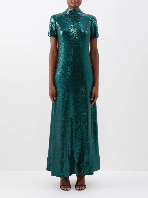 Ilana Back-bow Sequinned Tulle Gown - Womens - Emerald