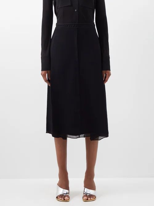 Chiffon-trim Twill Midi Skirt - Womens - Black