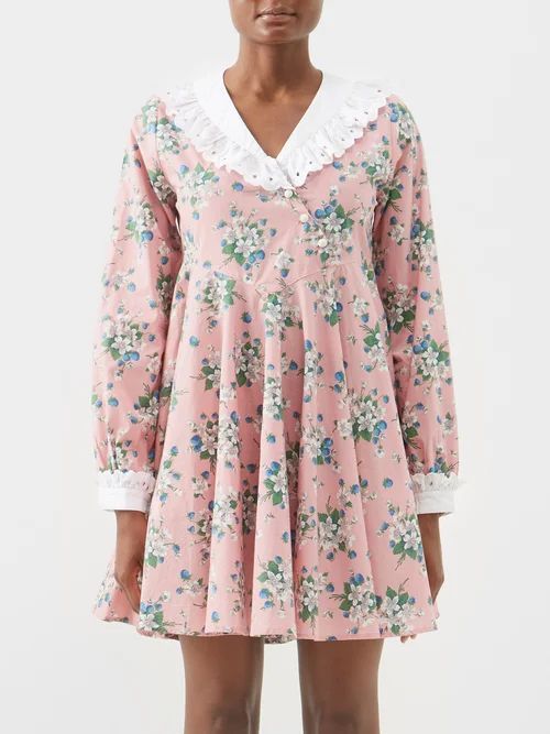 Harper Broderie-collar Floral Cotton Mini Dress - Womens - Pink Multi