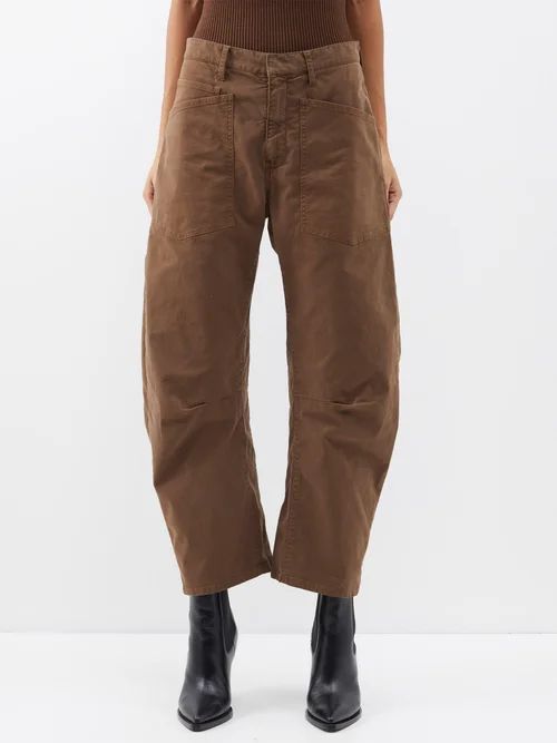 Shon High-rise Cropped Cotton-twill Trousers - Womens - Brown