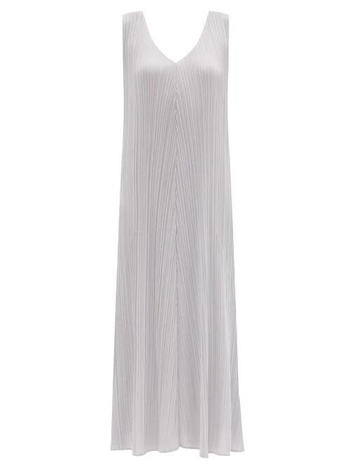 V-neck Technical-pleated Longline Dress - Womens - Light Grey