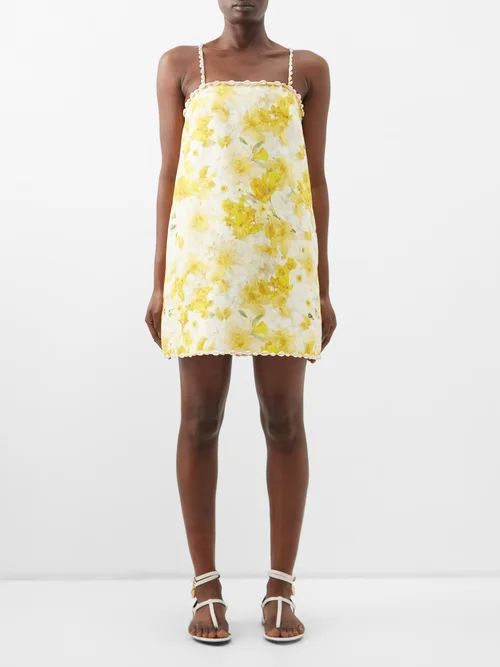 Wonderland Shell-trim Printed Linen Mini Dress - Womens - Yellow Multi