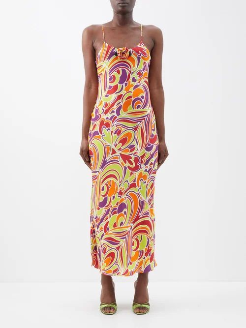 Rose-brooch Abstract-print Crepe Slip Dress - Womens - Multi