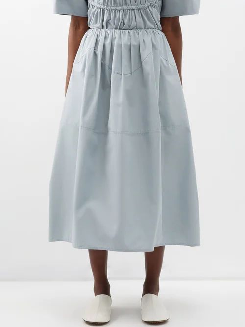 Panelled Gathered-waist Cotton-poplin Midi Skirt - Womens - Grey Blue