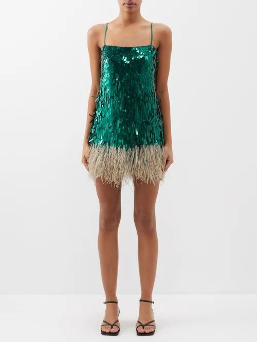 Royal Dancer Feather-trim Sequin Mini Dress - Womens - Green Multi