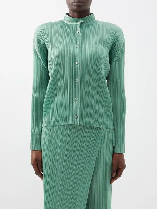 Stand-collar Technical-pleated Shirt - Womens - Green