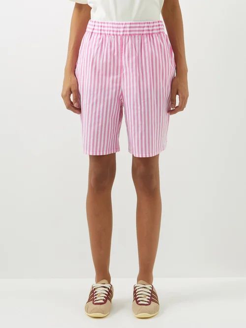 Striped Cotton-poplin Shorts - Womens - Pink White