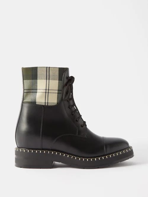X Barbour Tartan-panel Leather Ankle Boots - Womens - Black