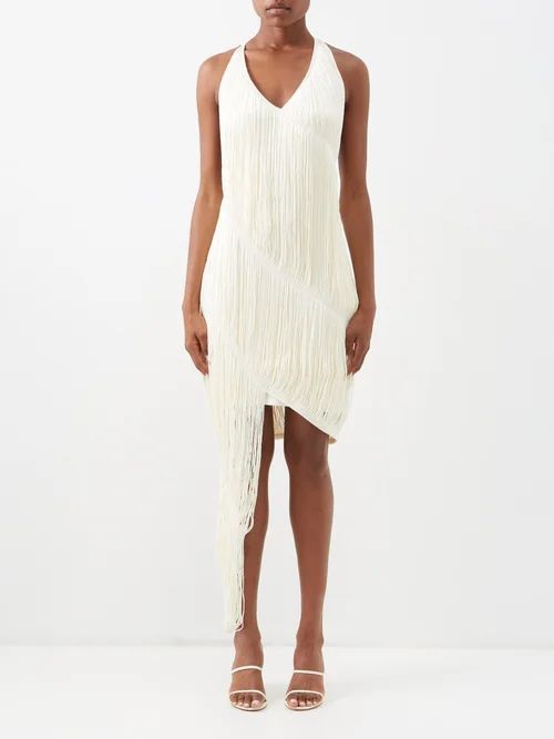 Asymmetric Fringed Silk-blend Dress - Womens - Ecru