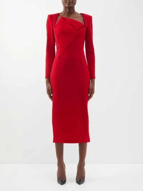 Asymmetric Folded-front Wool Midi Dress - Womens - Red