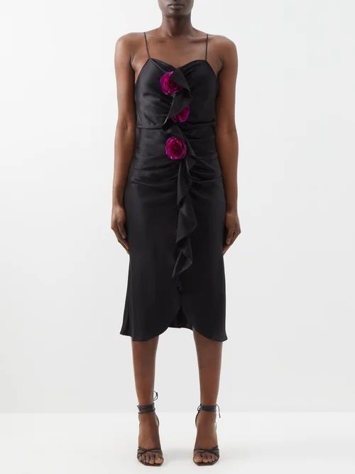 Rose-appliqué Silk-satin Midi Dress - Womens - Black