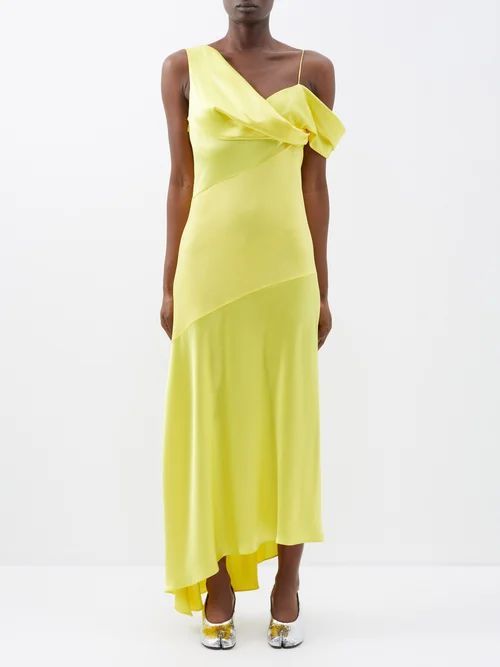 Asymmetric Draped Satin Maxi Dress - Womens - Yellow