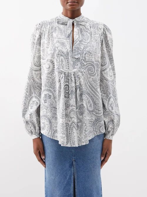 Pussy-bow Paisley-print Voile Blouse - Womens - White