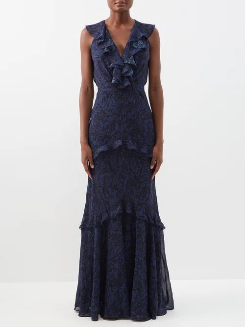 Rita Ruffled Floral-print Silk Maxi Dress - Womens - Dark Blue