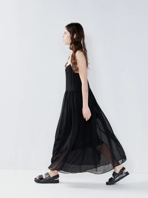 Gathered Skirt Silk Slip Dress - Womens - Black