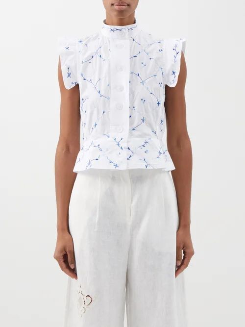 Yael Flower-embroidered Cotton Blouse - Womens - White Blue