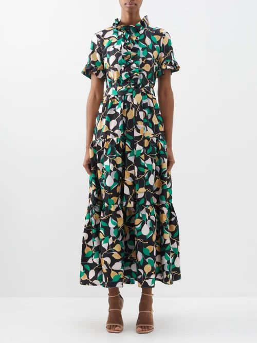 Ruffled Fruit-print Silk-twill Dress - Womens - Green Print