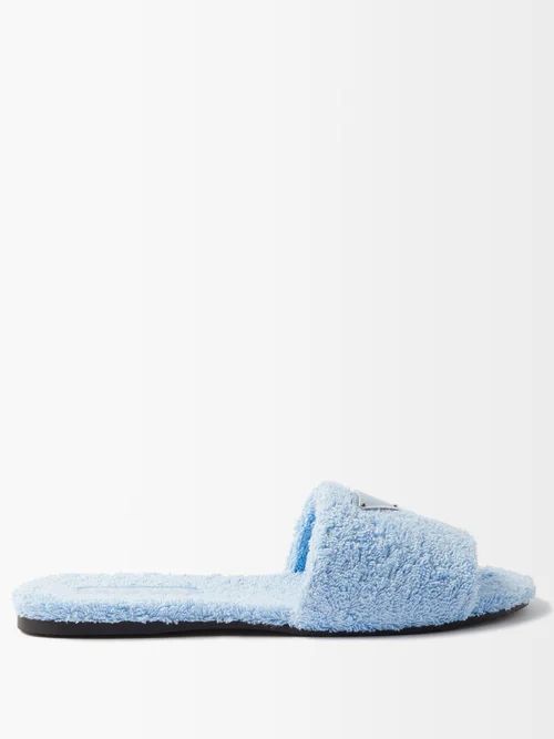 Logo-plaque Cotton-terry Slippers - Womens - Blue