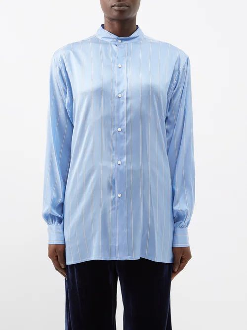 X Nadine Strittmatter Henryl Organic-silk Shirt - Womens - Blue Stripe