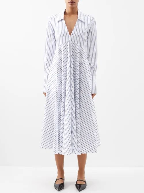 Striped V-neck Cotton Midi Shirt Dress - Womens - White Blue