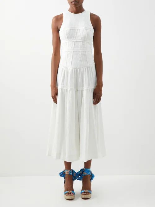 Tidal Panelled-bodice Linen-blend Voile Dress - Womens - Ivory
