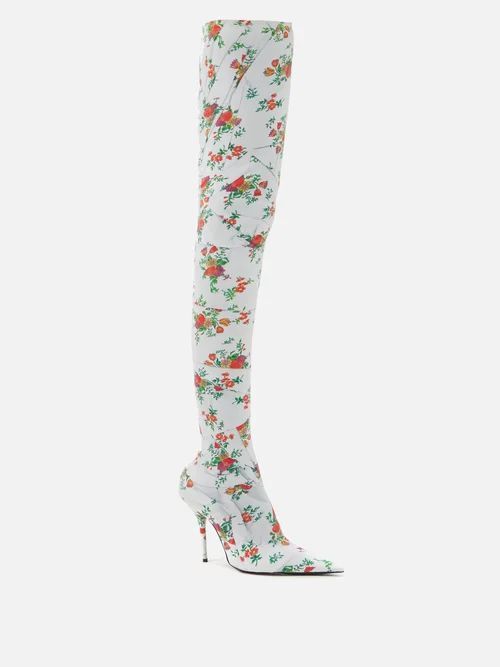Naked Knife 110 Floral-print Over-the-knee Boots - Womens - White Multi