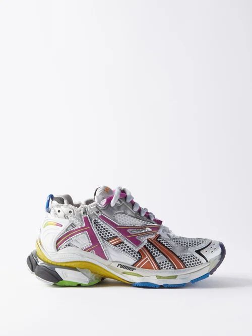 Runner Mesh And Faux-leather Trainers - Womens - Grey Multi