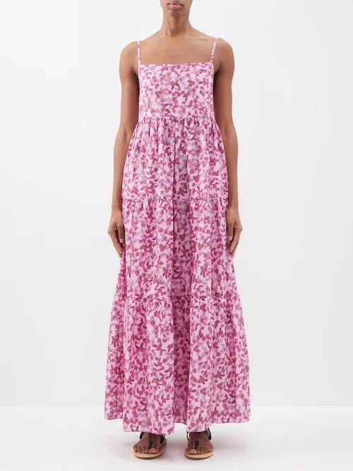 Floral-print Low-back Organic-cotton Maxi Dress - Womens - Pink Print