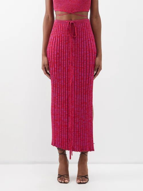 Tie-waist Ribbed-knit Maxi Skirt - Womens - Red