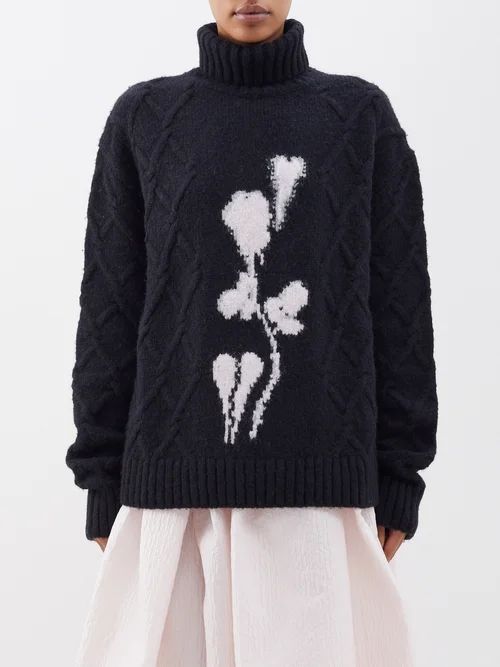 Olympia Floral-intarsia Cable-knit Sweater - Womens - Black Pink