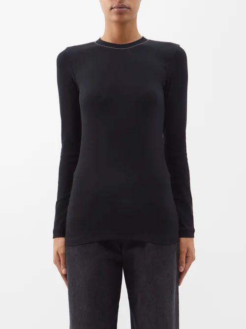 Monili-trim Cotton-blend Long-sleeved T-shirt - Womens - Black