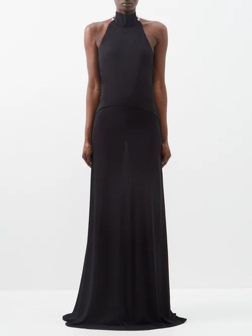 Sashed-halterneck Crepe Maxi Dress - Womens - Black Multi