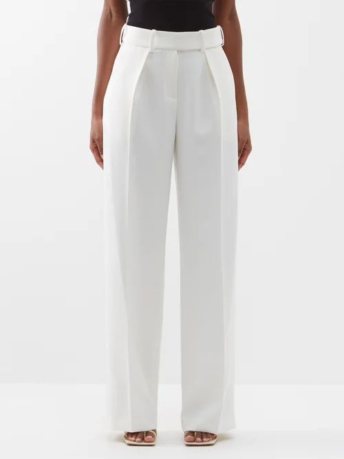 High-rise Pleated Crepe Wide-leg Trousers - Womens - Off White
