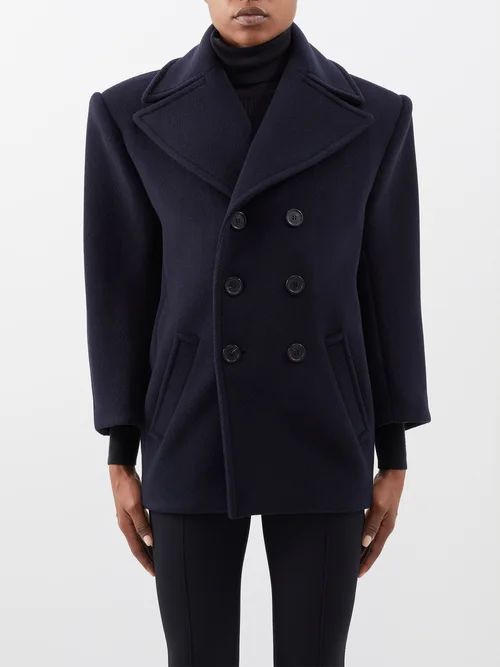 Double-breasted Wool-herringbone Peacoat - Womens - Dark Navy