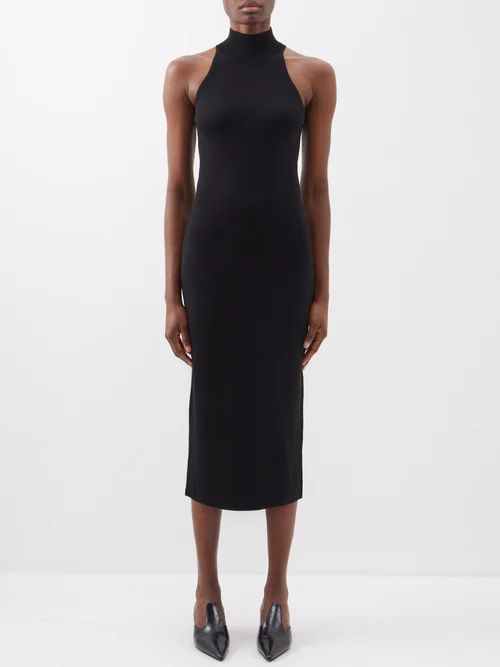 High-neck Ribbed Wool-blend Midi Dress - Womens - Black