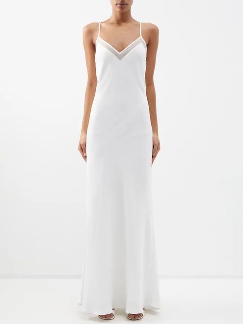 Organza-trimmed Twill Maxi Slip Dress - Womens - White